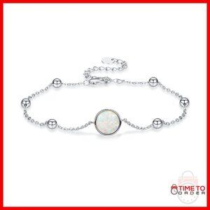 Sterling Silver Opal Charm Bracelet 7"+2" Chain Hypoallergenic Gift